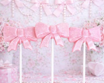 12 Bow Baby Pink Lollipops Party Favors – Custom Color Chocolate Bow Pops for Birthday, Baby Shower, Coquette Theme Bridal
