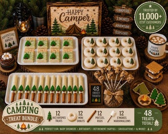 48 Happy Camper Treats Bundle | 12 Mini Donuts, 12 Pretzel Rods, 12 Rice Krispie Treats & 12 S’mores Marshmallows