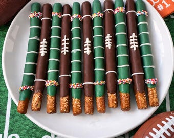 12 Football Themed Chocolate Pretzel Rods | Game Day Treats | Super Bowl Party Favors | Sports Dessert Table | Football Party Snacks