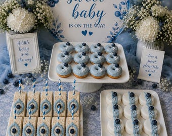 36 Blueberry Baby Shower Treats Mini Donuts Rice Krispie Treats Oreos Berry Sweet Baby Is On The Way Dessert Table Set