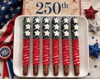12 Patriotic Pretzel Rods, 250th America Celebration Pretzels, Red White Blue Chocolate Covered Pretzels, Fourth of July Treats, USA Party