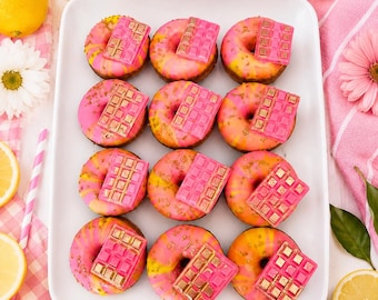 12 Pink Lemonade Mini Donuts, Summer Party Treats, Lemon Birthday Dessert Table Favors, Bridal Shower Sweets, Pink Donuts Yellow
