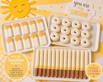 36 Piece Ray of Sunshine Dessert Table Bundle | 12 Mini Donuts, 12 Vanilla Wafers & 12 Pretzel Rods | Sunshine Baby Shower Treats