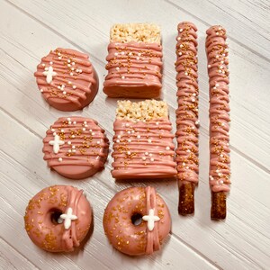 Pink Blush Gold Cross Communion Baptism Favors Chocolate Covered Oreos Rice Crispy Treats Mini Donuts  Pretzels