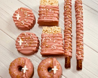 Pink Blush Gold Cross Communion Baptism Favors Chocolate Covered Oreos Rice Crispy Treats Mini Donuts  Pretzels