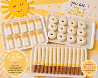 36 Piece Ray of Sunshine Dessert Table Bundle | 12 Mini Donuts, 12 Vanilla Wafers & 12 Pretzel Rods | Sunshine Baby Shower Treats