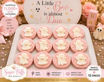 12 A Little Boo Is Almost Due Baby Shower Ghost Oreos, Pink Halloween Baby Shower Cookies, Girl Baby Shower Favors Halloween Party