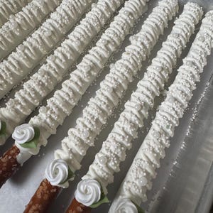 12 White Rose Pearl Chocolate Pearl Covered Pretzels Birthday Party Baby Shower Bridal Sweets Table Wedding Anniversary Corporate Event