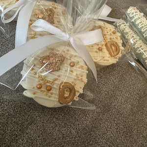 1 Dozen White Gold Crown Initial Pearl Chocolate Covered Oreo Party Sweets Table wedding Anniversary  Corporate Baby Shower Birthday Party