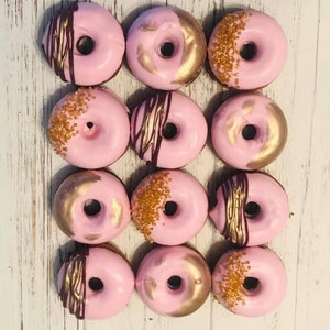 12 Pink Maroon Gold Mini Donuts Doughnuts Wedding Baby Bridal Christmas New Years Sweets Table Candy Buffet Birthday Favors Treats