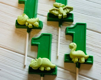 12 Number One 1 Chocolate Lollipop First Birthday Party Favors Sweets Table Dinosaur Roar Chomp