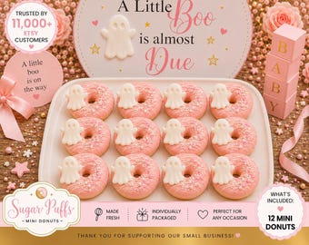 12 A Little Boo Is Almost Due Ghost Mini Donuts, Pink Halloween Baby Shower Treats, Baby Girl Dessert Table Favors