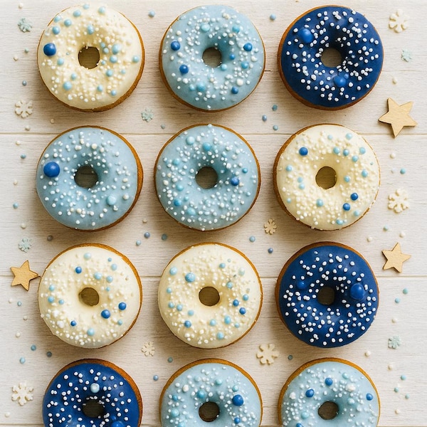 12 Blue Baby White Mini Donuts Doughnuts Wedding Baby Bridal Christmas New Years Sweets Table Candy Buffet Birthday Favors Treats