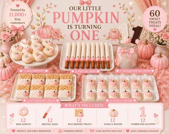 Our Little Pumpkin Is Turning One Birthday Treat Set, 60 Piece Dessert Table, First Birthday Cookies, Donuts & Chocolate Treats