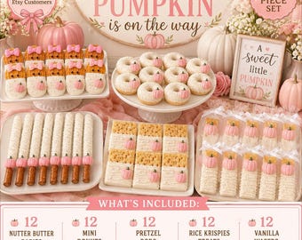 Little Pumpkin Is On The Way Baby Shower Treats, 60 Piece Dessert Table, Baby Shower Cookies, Donuts, Pretzels & Rice Krispies