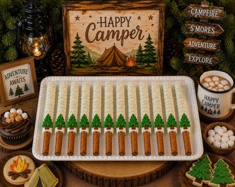 12 Pine Tree Pretzel Rods, Camping Birthday Party Favors, Happy Camper Pretzels, Woodland Baby Shower Treats, Forest Theme Dessert Table