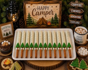12 Pine Tree Pretzel Rods, Camping Birthday Party Favors, Happy Camper Pretzels, Woodland Baby Shower Treats, Forest Theme Dessert Table