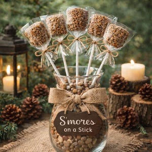 12 S’mores en palitos / Dulces de malvavisco bañados en chocolate / Recuerdos rústicos para fiestas de fogata / Mesa de postres otoñales con temática de bosque imagen 1