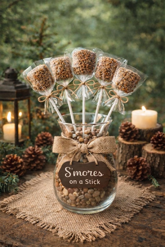 12 S’mores on a Stick | Chocolate Dipped Marshmallow Treats | Rustic Campfire Party Favors | Woodland Fall Dessert Table