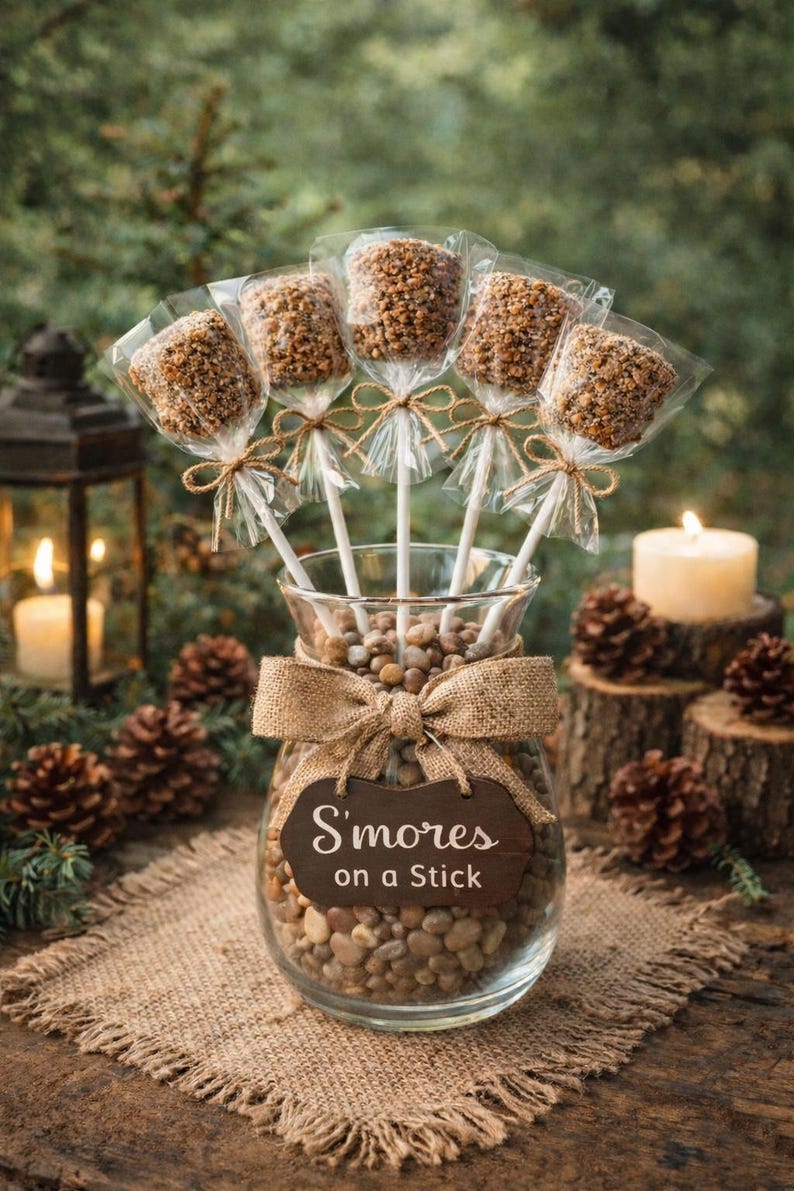 12 S’mores en palitos / Dulces de malvavisco bañados en chocolate / Recuerdos rústicos para fiestas de fogata / Mesa de postres otoñales con temática de bosque imagen 1