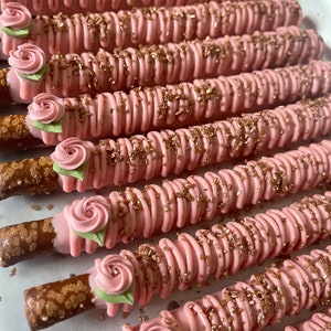 12 Pink Rose Gold Chocolate Pearl Covered Pretzels Birthday Party Baby Shower Bridal Sweets Table Wedding Anniversary Corporate Event