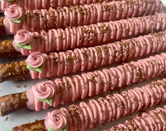 12 Pink Rose Gold Chocolate Pearl Covered Pretzels Birthday Party Baby Shower Bridal Sweets Table Wedding Anniversary Corporate Event