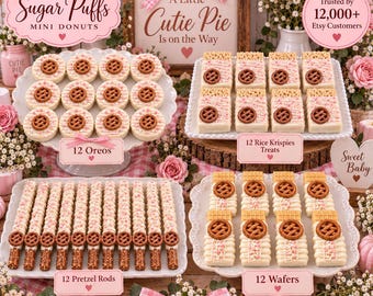 48 Piece Cutie Pie Baby Shower Treats, 12 Oreos, 12 Rice Krispies, 12 Pretzel Rods & 12 Wafers, Girl Baby Shower Dessert Table