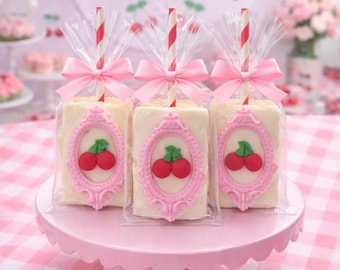 12 Cherry Rice Krispies Treat Pops – She’s the Cherry on Top Baby Shower Favors – Cherry Themed Party Dessert Table – Pink Coquette Treats