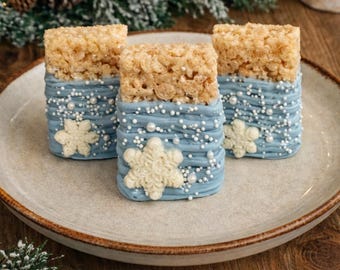 12 Chocolate Covered Rice Krispies Snowflake Treats Winter Party Baby Bridal Shower Favors Baby Blue Bluebell