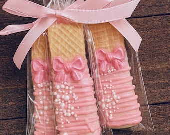12 Coquette Pink Wafer Cookies with Bows, Pink Dessert Favors, Baby Shower Treats, Girly Party Sweets, Bow Cookies Birthday Bridal