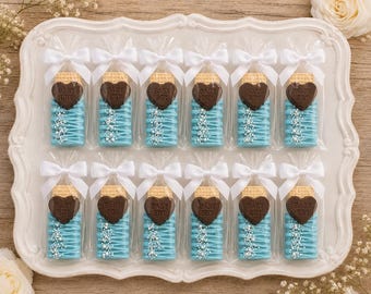1 Dozen Baby Boy Blue Brown Heart Vanilla Wafer Cookies Chocolate Covered Party Favors   Corporate Baby Shower Party