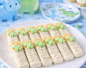 12 Green Dinosaur Vanilla Wafers, Baby Shower Favors, Boy Dino Party Treats, Chocolate Covered Wafer Cookies, Birthday Dessert Table, Party