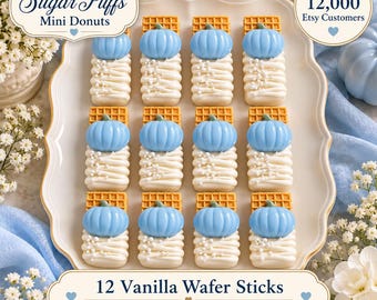 12 galletas pequeñas de calabaza con vainilla, dulces para baby shower, mesa de postres para el primer cumpleaños, recuerdos de fiesta con calabaza azul.