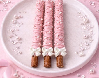 Pink Chocolate Pretzel Rods, Baby Shower Favors, Bridal Shower Treats, Valentine Pretzel Favors, Dessert Table Treats Bow Coquette White