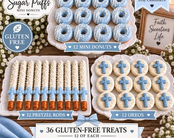 36 Gluten Free Treats, Baptism Dessert Bundle, 12 Mini Donuts, 12 Oreos, 12 Pretzel Rods, First Communion Christening Party Favors