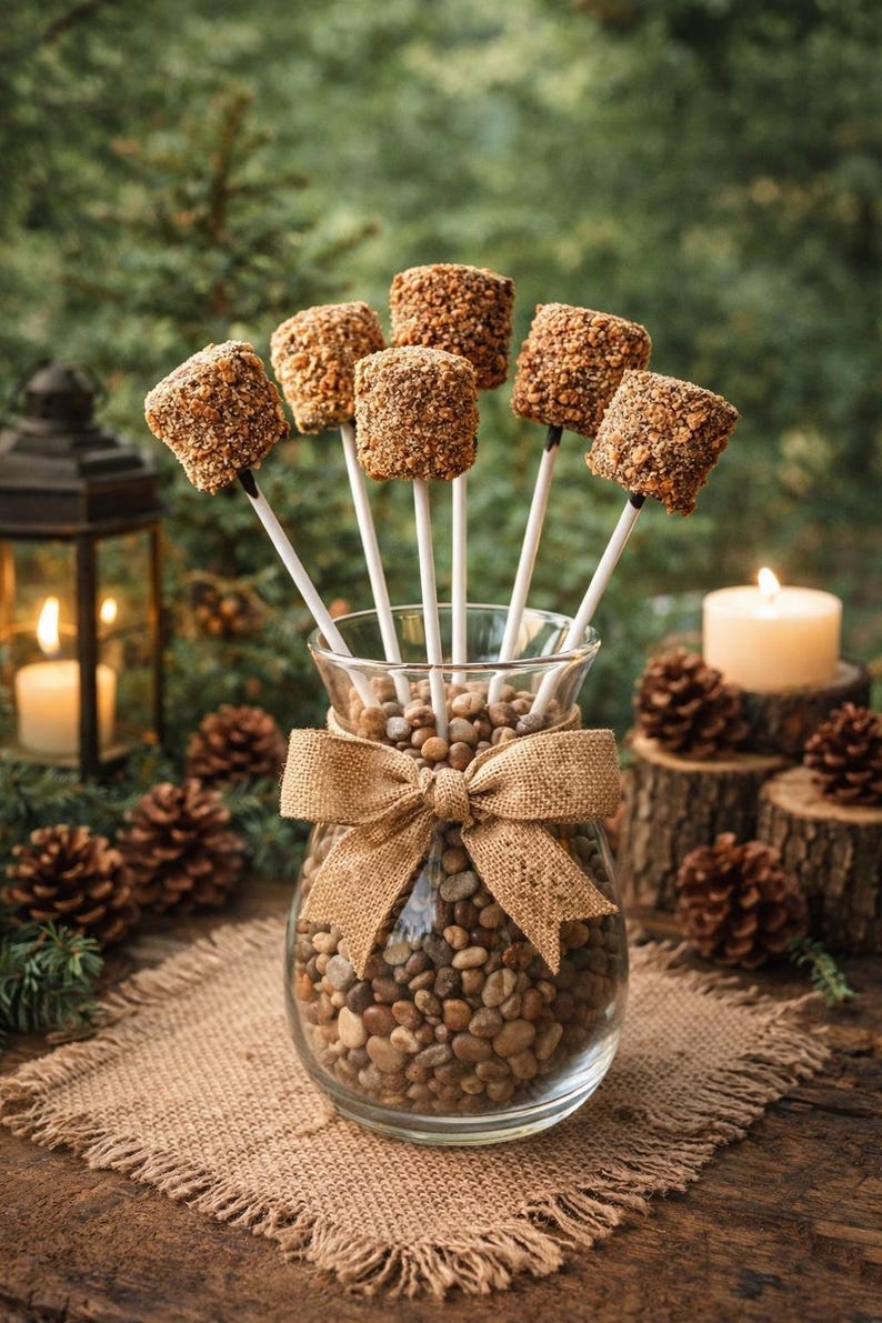 12 S’mores en palitos / Dulces de malvavisco bañados en chocolate / Recuerdos rústicos para fiestas de fogata / Mesa de postres otoñales con temática de bosque imagen 2