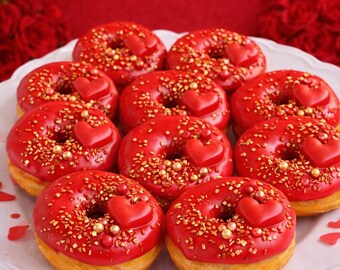 12 Red Valentine Mini Donuts with Hearts & Gold Sprinkles – Valentine’s Day Dessert Treats