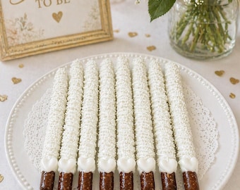 12 White Shimmer Heart Pretzel Rods, Bridal Shower Favors, Wedding Pretzels, White Chocolate Pretzels, Elegant Party Treats, Dessert Table