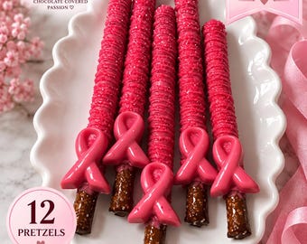 Pink Awareness Ribbon Pretzel Rods, 12 Breast Cancer Awareness Treats, Pink Party Favors, October Fundraiser Treats, Pink Out Gifts