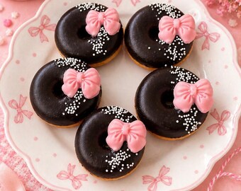 12 Coquette Black Pink Bow Mini Donuts Doughnuts Wedding Baby Bridal Christmas Sweets Table Birthday Favors Treats She’s Tying the knot