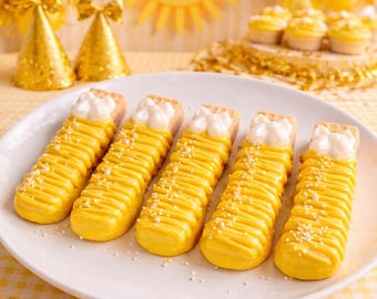 12 Yellow Chocolate Covered Vanilla Wafers, Sunshine Baby Shower Cookies, Here Comes The Sun Party Favors, Bow Theme Dessert Coquette