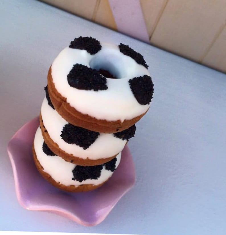 12 Rustic Cow Print Mini Donuts Doughnuts Farm Party Sweets Table Birthday Favors Treats Birthday Moo Donut Black White image 1