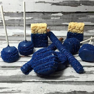 Complete Sweets Table Set Cake Pops Oreos Rice Krispie Crispy Marshmallows Pretzel Rods Navy Royal Blue Wedding Baby Birthday Bridal Shower