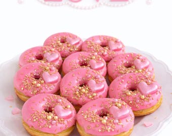 12 Hot Pink Gold Mini Donuts with Hearts | Valentine’s Day Donuts | Pink Heart Donuts | Love Theme Dessert | Party Mini Donuts