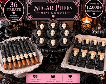 36 Halloween Skull Treats, Gothic Dessert Table Set, Skull Oreos, Pretzel Rods & Vanilla Wafers, Spooky Party Favors