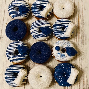 12 Graduation Mini Donuts Doughnuts Sweets Table Candy Buffet Birthday Favors Treats Grad Party Blue White