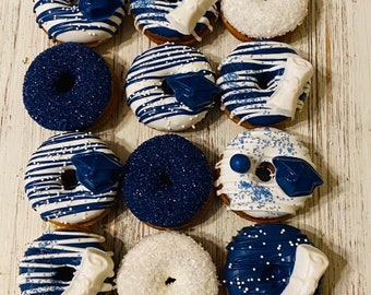 12 Graduation Mini Donuts Doughnuts Sweets Table Candy Buffet Birthday Favors Treats Grad Party Blue White