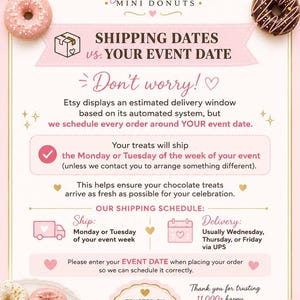 The image is a promotional flyer for Sugar Puffs Mini Donuts, featuring various donuts and a message about shipping dates and event dates.