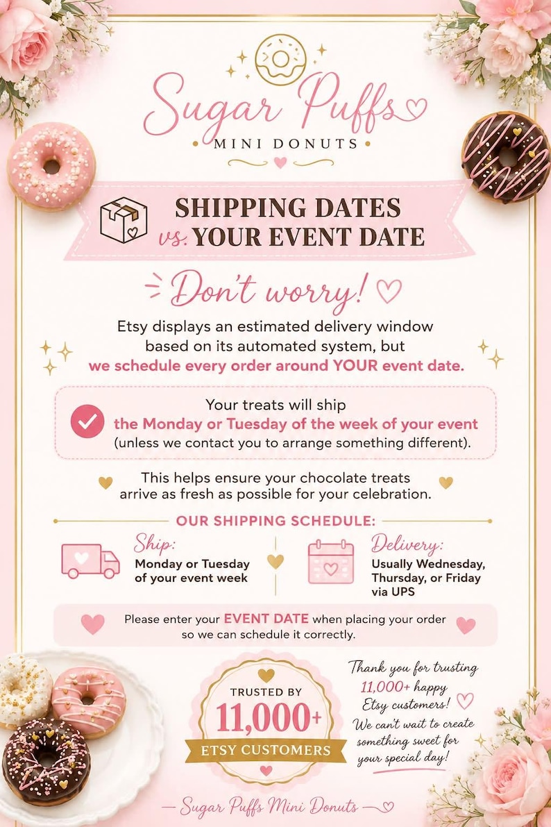The image is a promotional flyer for Sugar Puffs Mini Donuts, featuring various donuts and a message about shipping dates and event dates.
