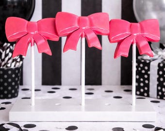 12 Bow Hot Pink Lollipops Party Favors – Custom Color Chocolate Bow Pops for Birthday, Baby Shower, Coquette Theme Bridal